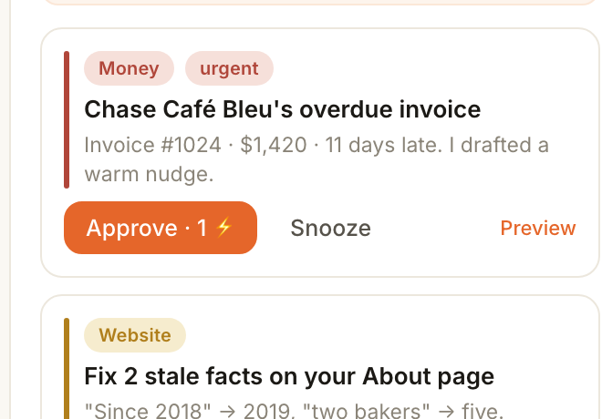 A Pex proposal: the overdue invoice, the drafted nudge, and the Approve button.